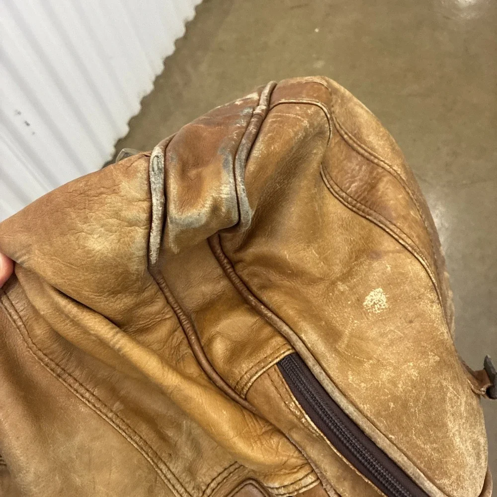 VTG GENUINE LEATHER Lg Weekender Overnight Duffle Bag Travel Beige Brown - Fair